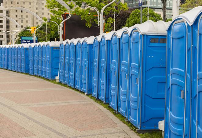 hygienic portable restrooms lined up at a music festival, providing comfort and convenience for attendees in Little Ferry